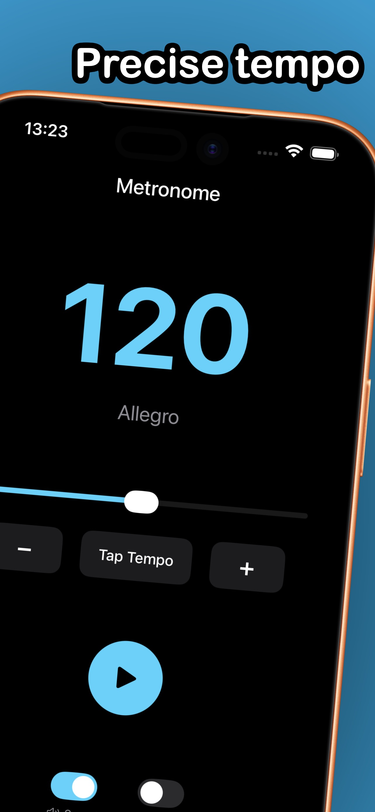 A-Tempo home screen showing 120 BPM, tempo slider and Tap Tempo