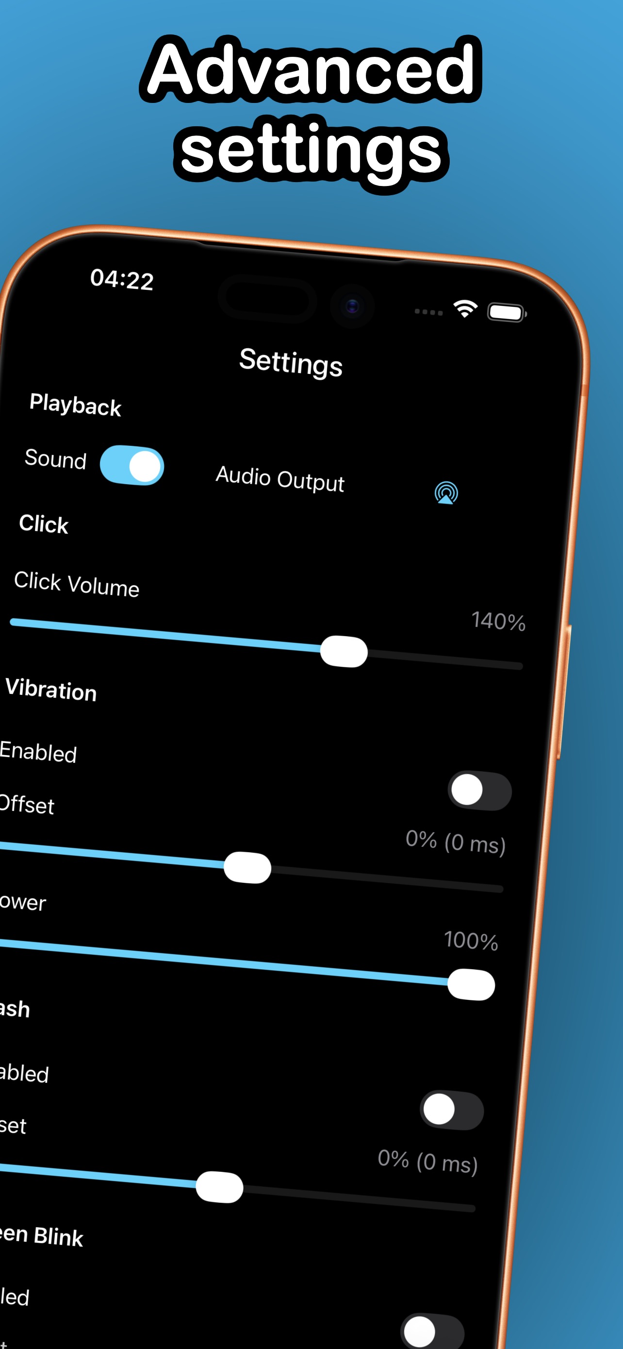 Advanced settings: click volume, vibration power, flash offset